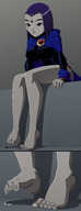 drawing feet comic color large_breasts clothed toes barefoot soles purple_hair purple_eyes raven teen_titans short_hair sitting shrunken_people looking_down heel between_toes thighs under_foot cape leotard raised_foot hood no_background dc_comics anon footheld bare_legs grey_skin ravenravenraven looking_at_tinies