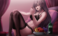 drawing panties vore color large_breasts long_hair butt handheld cleavage bed red_eyes stockings shrunken_men sitting shrunken_woman thighs indoors fruit grey_hair bedroom nail_polish pillows semi_nude black_bra black_panties looking_at_victims sitting_on_bed imminent_vore black_nails highlights opening_mouth hand_on_leg bare_midriff kuroihassan