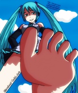drawing giantess hatsune_miku long_hair blue_eyes barefoot blue_hair low_angle smiling vocaloid twintails looking_down smug smirking miku hatsune stardustyuki