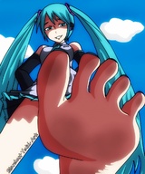 drawing giantess hatsune_miku long_hair blue_eyes barefoot blue_hair low_angle smiling vocaloid twintails looking_down smug smirking miku hatsune stardustyuki
