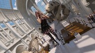 giantess color clothed stockings pink_hair dress short_hair indoors museum digital_render velocity-vektor dinosaur_skeleton