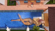 nipples giantess nude barefoot water topless high_angle brown_eyes pink_hair short_hair pool outdoors bare_butt bare_legs bare_midriff velocity-vektor bare_thighs
