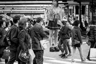 collage monochrome clothed socks dress short_hair mini_giantess boots outdoors crowds grayscale