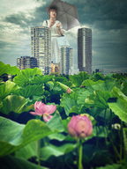 giantess collage giga city color clothed buildings brunette short_hair unknown_artist lipstick clouds outdoors sky source_needed parasol