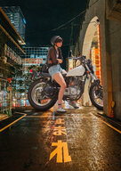 collage city color clothed buildings street mini_giantess unknown_artist night outdoors nail_polish source_needed helmet motorbike