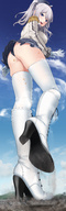 drawing giantess white_hair crush panties giga city upskirt color destruction blue_eyes clothed buildings smiling gloves short_hair boots foot_crush explosion looking_down jets mountains clouds shoe_crush outdoors sky looking_back boot_crush looking_at_viewer black_panties rear_view debris white_gloves kantai_collection rakia kashima