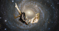 giantess collage blonde space long_hair blue_eyes clothed barefoot smiling galaxy unknown_artist nail_polish rings necklace looking_at_viewer taylor_swift stars source_needed cosmic_giantess terra