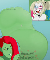 drawing nude feet blonde comic color blue_eyes barefoot soles green_eyes topless red_hair harley_quinn foot_worship shrunken_woman ponytails batman choker poison_ivy dialogue white_skin no_background green_skin highlights dc_comics rtuenuik2 cutaway harley_quinn_(series)