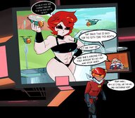 drawing color cleavage helicopter red_eyes red_hair short_hair black_eyes hand window nail_polish dialogue semi_nude handled bare_legs armlet bare_midriff slugmanoctavio3 bare_thighs