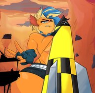 drawing giantess furry anthro mega blonde color large_breasts blue_eyes angry topless low_angle gloves short_hair piercings looking_down thighs sky rocket sideboob earrings semi_nude flick multicolored_hair orange_skin bare_legs bare_midriff crash_bandicoot_(series) slugmanoctavio3 tawna_bandicoot_(crash_4) n._gin crash_bandicoot_4