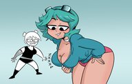 drawing color clothed cleavage smiling green_hair short_hair shorts looking_down choker no_background looking_at_tiny cleavage_window bare_legs smirking between_breasts ramona_flowers scott_pilgrim_vs._the_world scott_pilgrim slugmanoctavio3 bare_thighs