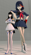 black_hair color long_hair blue_eyes clothed skirt smiling short_hair mini_giantess looking_down indoors highlights digital_render kill_la_kill ryuko_matoi bare_legs smirking bare_midriff hair_streak tenguyurilove