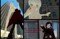 nipples giantess white_hair nude pussy blushing city mega comic color long_hair blue_eyes barefoot buildings topless low_angle underboob looking_down outdoors sky nail_polish point_of_view dialogue digital_render rwby weiss_schnee bare_legs bare_midriff tenguyurilove bare_thighs