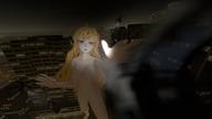 nipples giantess nude city mega blonde color long_hair destruction buildings helicopter red_eyes angry topless night sky looking_at_viewer digital_render rwby yang_xiao_long bare_legs bare_midriff tenguyurilove bare_thighs