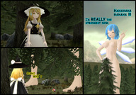 nipples giantess nude mega blonde comic color long_hair touhou blue_hair topless yellow_eyes short_hair cirno laughing forest clouds outdoors sky closed_eyes trees digital_render bare_legs bare_midriff tenguyurilove bare_thighs