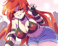 breasts drawing giantess blushing city mega color large_breasts long_hair cleavage bra buildings green_eyes grinning low_angle smiling gloves shorts thighs outdoors sky all_fours choker commission semi_nude orange_hair bra_entrapment angelgts bare_legs flag_bra smirking bare_midriff clothing_entrapment nightingale122 leon_takayashi sarah_(nightingale122)