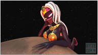 breasts giantess white_hair giga alien space color large_breasts long_hair destruction clothed planet cleavage bra huge_breasts purple_eyes queen looking_down mars stars semi_nude tiara digital_render cosmic_giantess bare_legs hand_on_head source_film_maker queen_tyrahnee duck_dodgers bare_midriff black_skin bare_thighs terra bytegi cartoon_network