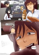 drawing vore comic color mouth teeth brunette brown_eyes ponytail unaware closed_eyes teniko attack_on_titan mikasa_ackerman near_vore sasha_braus sasha_blouse