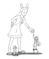 drawing giantess pokemon monochrome long_hair clothed short_hair unknown_artist source_needed no_background whitney_(pokemon) grayscale claire_(pokemon) jasmine_(pokemon)