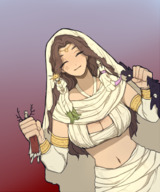 drawing color clothed brunette smiling unknown_artist hand closed_eyes bracelet source_needed handled dark_souls no_background gwynevere cleavage_window sitting_on_shoulder armlet bare_midriff