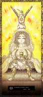 drawing giantess color clothed cleavage smiling dress sitting closed_eyes dark_souls gwynevere praise_the_sun armlet between_breasts