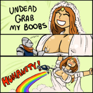 drawing blushing comic color clothed cleavage brunette knight smiling dress unknown_artist humor clouds sky closed_eyes rainbow dialogue source_needed dark_souls meme no_background gwynevere cleavage_window x_grab_my_y