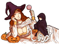 drawing gentle color long_hair clothed cleavage brunette smiling lying_down halloween candy hat closed_eyes bracelet dark_souls no_background gwynevere cleavage_window armlet bare_midriff swordofmoonlight