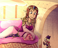 drawing color long_hair blue_eyes clothed cleavage brunette smiling lying_down looking_down indoors necklace earrings looking_at_tiny pointed_ears the_legend_of_zelda cleavage_window smirking princess_zelda_(the_legend_of_zelda)