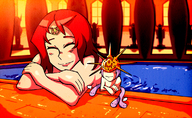 drawing nude color smiling red_hair relax short_hair pool indoors closed_eyes dark_souls spa gwynevere setzeri
