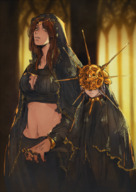 drawing color clothed cleavage brunette yellow_eyes mini_giantess indoors bracelet dark_souls gwynevere cleavage_window bare_midriff gwyndolin sekiro_spain timnehparrot