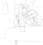 drawing giantess monochrome long_hair smiling sketch looking_down looking_at_tiny gwynevere smirking grayscale