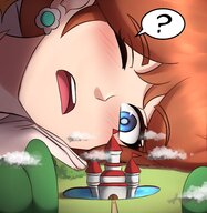 drawing giantess blushing mega color blue_eyes clothed brunette castle gloves looking_down super_mario clouds outdoors earrings princess_daisy white_gloves looking_at_tiny charlydibu