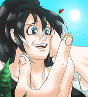 drawing gentle giantess cat mega black_hair color blue_eyes clothed finger smiling short_hair hand cute kitty forest outdoors sky trees sweet ciaran shrinksin90