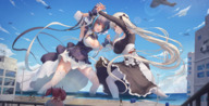 drawing giantess white_hair city mega black_hair color large_breasts long_hair blue_eyes clothed cleavage multiple ocean buildings red_eyes socks dress short_hair airplane fighting giantesses maid_uniform clouds coast outdoors sky thigh_highs long_socks harbor white_socks struggling cheshire formidable azurelane y1499003