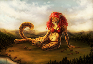gentle giantess landscape furry macro cat mega long_hair saber barefoot cleavage red_hair fangs tribal forest clouds sky trees horses semi_nude bare_legs bare_midriff plains bare_thighs bare_paws maquenda stampy smilodon savannah