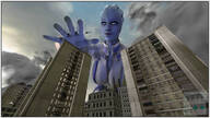 breasts giantess city mega alien color large_breasts armor blue_eyes clothed cleavage buildings huge_breasts spaceship blue_skin reaching collar freckles imminent_crush glowing_eyes digital_render mass_effect liara cleavage_window liara_tsoni asari source_film_maker bytegi