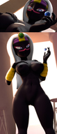 breasts giantess white_hair nude pussy earth giga alien comic color large_breasts long_hair blue_eyes planet huge_breasts topless goddess hand queen looking_down indoors bracelet tiara digital_render shrunken_planet bare_legs source_film_maker queen_tyrahnee duck_dodgers bare_midriff black_skin looking_at_tinies bare_thighs 80lines cartoon_network