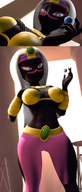 breasts giantess white_hair earth giga alien comic color large_breasts long_hair blue_eyes clothed planet cleavage bra skirt huge_breasts goddess hand queen looking_down necklace belt bracelet tiara handled digital_render shrunken_planet bare_legs source_film_maker queen_tyrahnee duck_dodgers bare_midriff black_skin bare_thighs 80lines cartoon_network