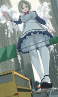 drawing giantess city mega color destruction clothed rampage buildings shoes purple_eyes smiling socks green_hair short_hair looking_down maid_uniform outdoors sky long_socks white_socks bonnet piyonaf looking_at_tinies