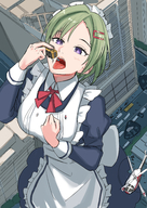 drawing giantess vore city mega color clothed buildings helicopter purple_eyes high_angle street green_hair short_hair hand falling maid_uniform vehicles outdoors aerial_view handled piyonaf looking_at_tinies mass_vore