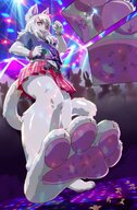 giantess white_hair crush micro panties feet furry macro tail cat anthro size_difference upskirt tongue clothed barefoot skirt yellow_eyes smiling lips paws navel foot_crush shrunken_people looking_down dancing under_foot top looking_at_viewer bracelet mithra night_club paw_crush bare_midriff paigescribe mr-rowboat bare_paws freesia rave solo_focus