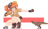 drawing gentle giantess color large_breasts clothed cleavage green_eyes shoes scared socks gloves red_hair ponytail dinosaur squatting shorts open_mouth vehicles thighs hat cap black_socks jeep knees no_background cleavage_window jurassic_park bare_legs sweat_drop ncmares yohomeboync yohomeboyraps park_ranger jenn_(ncmares) tear_eyes