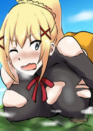 breasts drawing giantess crush blushing giga blonde color long_hair blue_eyes clothed breast_crush ponytail lying_down mountains clouds outdoors sky ripped_clothing gtsyear