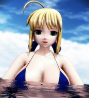 bikini giantess giga blonde color fate cleavage water ocean wet green_eyes ribbon smiling short_hair looking_down clouds outdoors sky hair_ribbon ships semi_nude looking_at_tiny digital_render