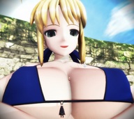 bikini breasts blonde color large_breasts saber cleavage green_eyes huge_breasts smiling short_hair looking_down hanging_on semi_nude looking_at_tiny digital_render kingklon between_breasts arthuria_pendragon