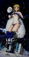giantess city mega blonde color fate buildings green_eyes ribbon christmas gloves short_hair boots underboob snow night outdoors sky winter cape looking_at_viewer semi_nude digital_render kingklon bare_midriff bare_thighs arthuria_pendragon blue_gloves