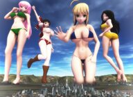 bikini giantess crush giga city blonde black_hair color long_hair destruction saber barefoot cleavage buildings green_eyes red_eyes ribbon yellow_eyes smiling pink_hair short_hair boots looking_down mountains giantesses clouds outdoors sky hair_ribbon looking_at_viewer semi_nude rear_view reimu_hakurei digital_render bare_legs kingklon goddess-saki bare_midriff looking_at_tinies desu-of-hakurei bare_thighs xxalice-yakumoxx satomi_stinheart