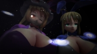 breasts giantess blonde space color large_breasts long_hair bunny_ears clothed fate cleavage green_eyes touhou huge_breasts ribbon smiling short_hair giantesses orange_eyes hair_ribbon yukari_yakumo stars galaxies winking digital_render cosmic_giantess cleavage_window kingklon galactic artoria_pendragon terra