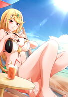 bikini breasts drawing gentle giantess blushing blonde color long_hair beach barefoot ocean brown_eyes sitting drink shrunken_man looking_down sand clouds outdoors sky semi_nude bare_legs xenoblade bare_midriff between_breasts mythra bare_thighs yiestol