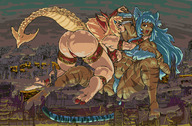 drawing giantess horns tail city mega blonde color long_hair destruction barefoot buildings blue_hair cat_ears fighting giantesses cat_girl outdoors sky ankle_bracelet bracelet semi_nude pixel_art bare_butt she-hulk bare_legs raised_butt armlet bare_midriff gigamaidens milchi psychojosh bare_thighs muscular_female musclegirl mama_pera miyatakun loquillo